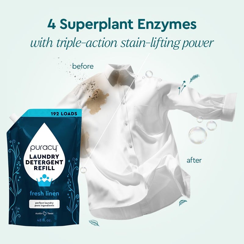 Puracy Laundry Detergent Refill - Enzyme-Powered Liquid Laundry Detergent Concentrate, Natural Laundry Detergent Seen on TikTok, Non-Toxic (Fresh Linen, 48 fl oz, 192 Loads) - Image 2